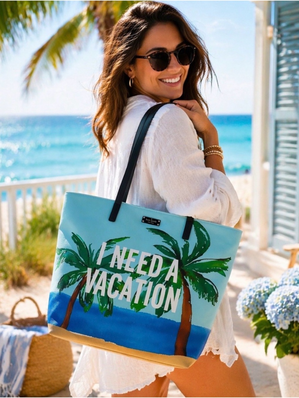kate spade light blue palm print tote with black straps - Picture 7 of 11